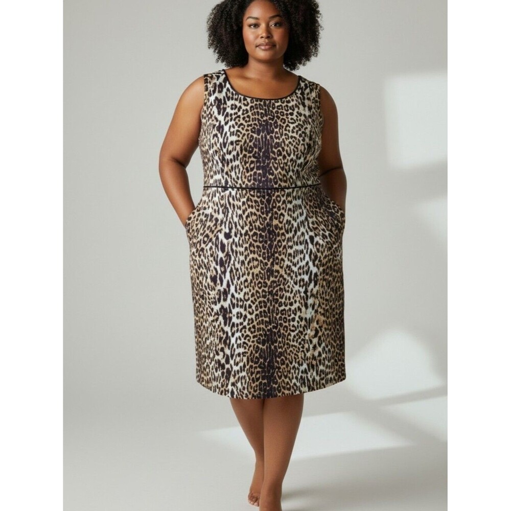 Tahari Women's 0 Leopard Print Sleeveless Midi Dress - Brown/Black Workwear Offi
